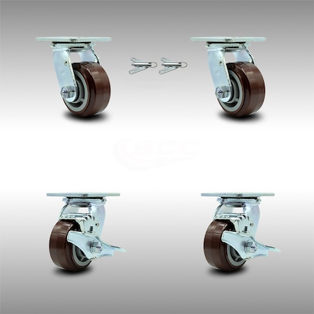 Service Caster 4 Inch SS Polyurethane Caster Set with Roller Bearings 2 Swivel Lock 2 Brake SCC SCC-SS30S420-PPUR-BSL-2-TLB-2